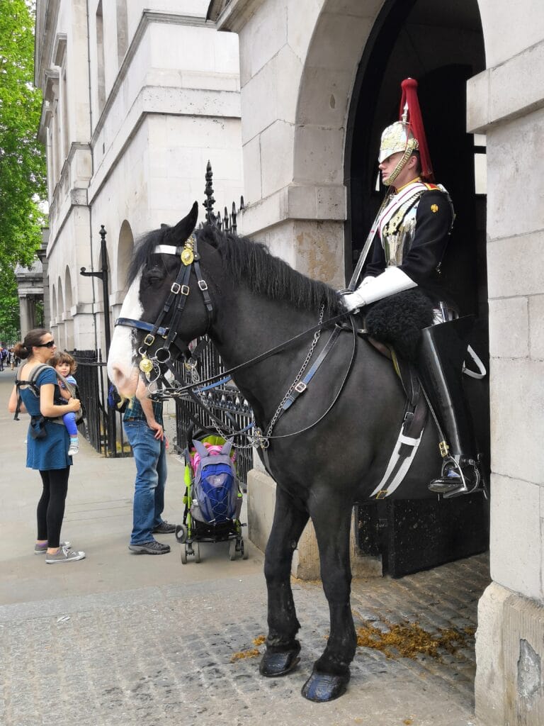 A mounted Household Cavalry sentry at Horse Guards on Whitehall, with visitors watching