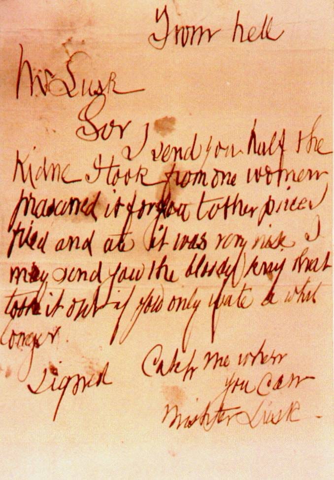 The handwritten From Hell letter sent to George Lusk in October 1888