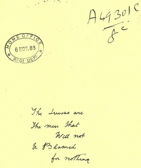 Handwritten police copy of the Goulston Street message, stamped by the Home Office in November 1888
