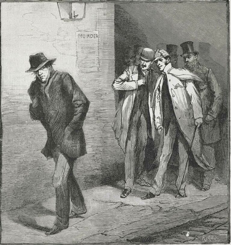 Illustrated London News engraving of vigilance committee men watching a suspicious man walk past in a dark Whitechapel street