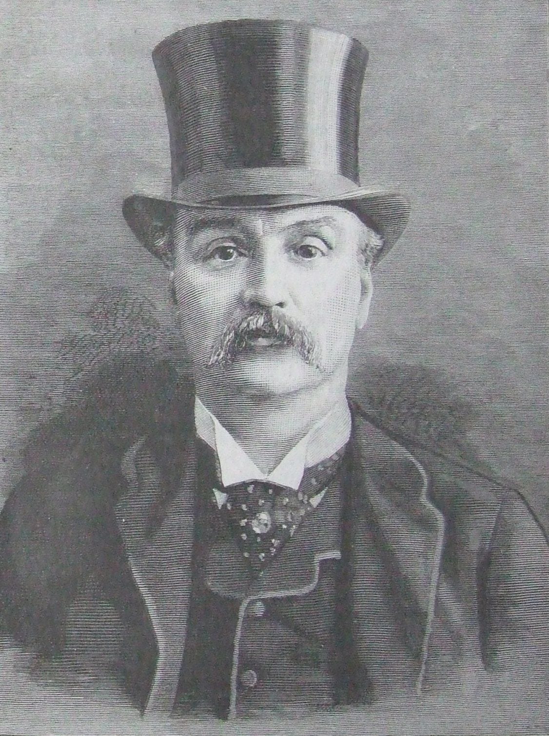 Engraving of James Maybrick in a top hat, from The Graphic, 1889