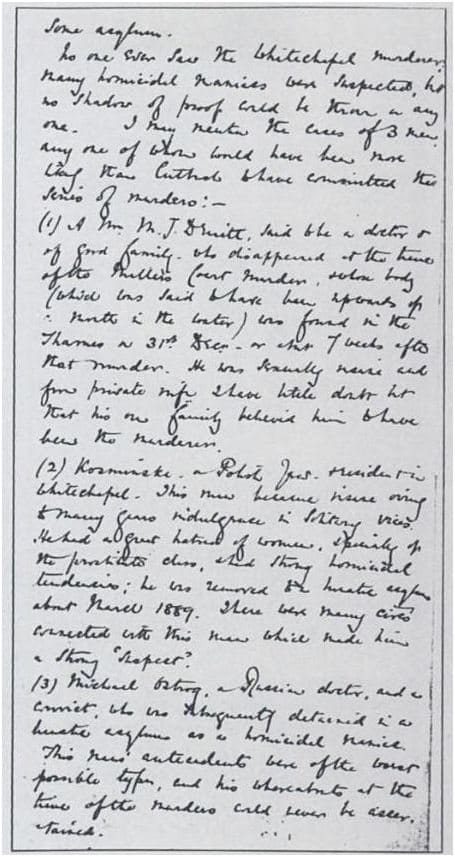 Handwritten page of the 1894 Macnaghten memorandum listing three suspects