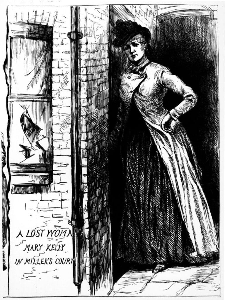 Newspaper sketch of Mary Jane Kelly standing in a doorway in Miller's Court