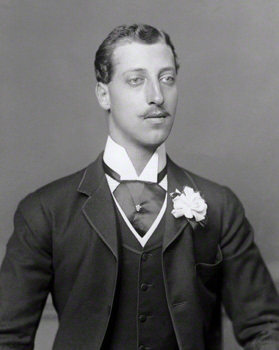 Portrait photograph of Prince Albert Victor in a dark suit with a flower in his buttonhole