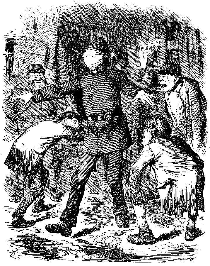 Punch cartoon of a blindfolded policeman with arms outstretched, surrounded by jeering East End figures