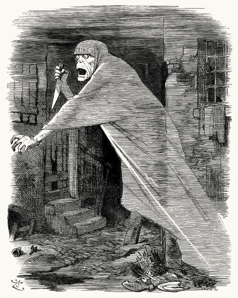 Punch cartoon The Nemesis of Neglect, a ghostly hooded figure holding a knife drifting through a Whitechapel slum