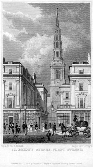 Nineteenth-century engraving of the spire of St Bride's Church rising above the buildings of Fleet Street