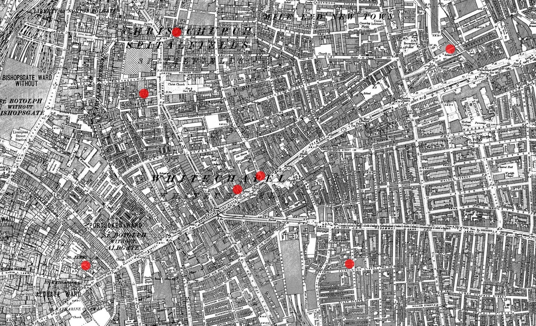 1894 Ordnance Survey map of Whitechapel and Spitalfields with the sites of the first seven Whitechapel murders marked in red